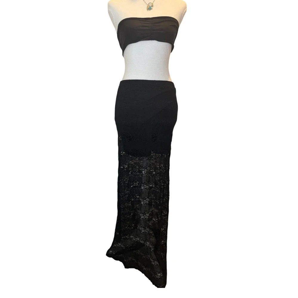 Lily White Black Lace Maxi Skirt Womens XS‎ Sheer Lace Boho Goth Festival